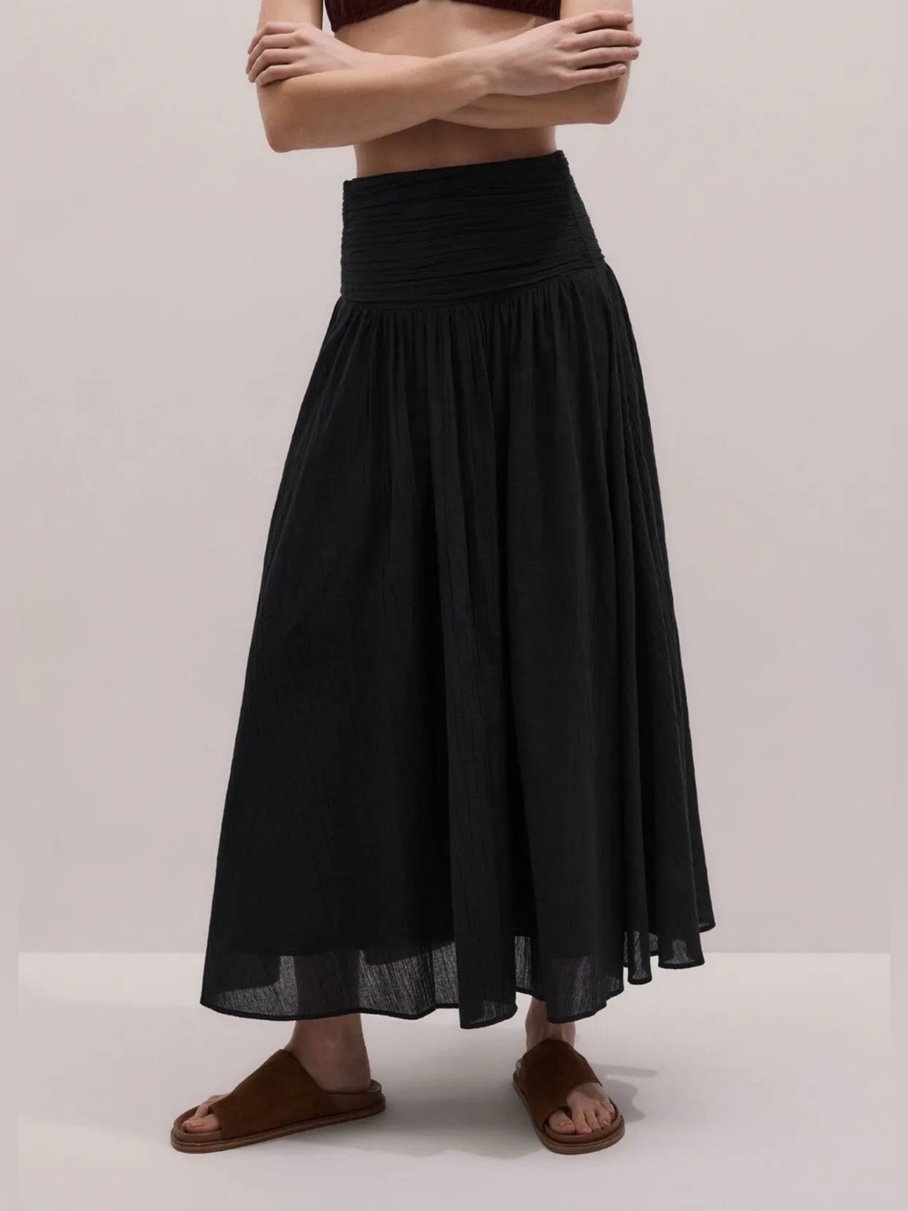 LOST WANDER Black Cotton Crinkle Gauze Maxi Skirt Smocked Waist Lined XS Boho